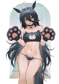 1girl absurdres animal_ears animal_hands bare_shoulders bell black_bra black_gloves black_hair black_panties black_tail blush border bra breasts cat_cutout cat_ear_panties cat_lingerie clothing_cutout collarbone commentary feet_out_of_frame gloves highres horse_ears horse_girl horse_tail jingle_bell long_hair looking_at_viewer manhattan_cafe_(umamusume) multicolored_hair navel neck_bell open_mouth outside_border panties paw_gloves paw_pose small_breasts solo standing streaked_hair tail thighs umamusume underwear very_long_hair wawamachi white_border white_streaks yellow_eyes