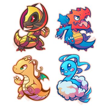 altaria blue_eyes chibi claws dragonite druddigon full_body gen_1_pokemon gen_3_pokemon gen_5_pokemon green_eyes haxorus malky_(malkshake) nintendo no_humans open_mouth outline pink_outline pokemon pokemon_(creature) red_eyes signature simple_background smile white_background yellow_eyes