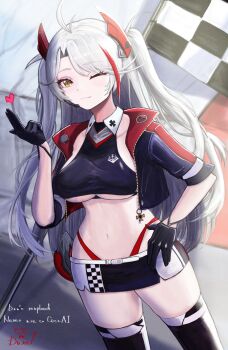 1girl absurdres azur_lane belt black_gloves breasts clothing_cutout cropped_shirt daxel0126 earpiece finger_gun gloves half_gloves highres jacket large_breasts long_hair looking_at_viewer multicolored_hair navel official_alternate_costume one_eye_closed panties panty_straps pointing prinz_eugen_(azur_lane) prinz_eugen_(final_lap)_(azur_lane) purple_jacket race_queen red_hair red_panties skirt solo stomach streaked_hair thighhighs two-tone_skirt underboob underboob_cutout underwear very_long_hair white_belt white_hair yellow_eyes