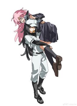 2girls absurdres alternate_costume animal_ear_fluff animal_ears bad_link baseball_cap black_hair blunt_bangs blush carrying carrying_person f1rstache fox_ears fox_girl full_body glasses hat highres hoshimi_miyabi long_hair looking_at_viewer multiple_girls open_mouth pink_eyes pink_hair red_eyes red_hair school_uniform sidelocks simple_background standing tsukishiro_yanagi white_background yuri zenless_zone_zero