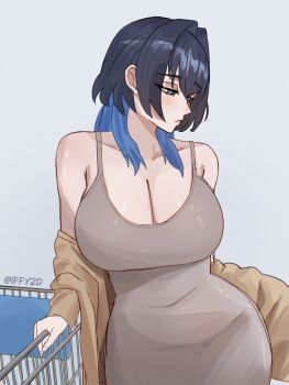 1girl absurdres alternate_costume black_hair blue_eyes blue_hair breasts cleavage closed_mouth dress grey_background grey_dress hair_intakes highres hololive hololive_english huge_breasts iffy2d long_hair multicolored_hair ouro_kronii shopping_cart simple_background solo two-tone_hair virtual_youtuber