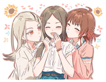 3girls :d ahoge aqua_skirt belt blush bracelet brown_belt brown_hair brown_outline camisole cardigan closed_eyes colored_eyelashes commentary earrings flipped_hair floral_background forehead frilled_sleeves frills gakuen_idolmaster girl_sandwich gradient_hair grey_hair hair_ornament hairclip hanami_ume hand_on_another's_shoulder hatsuboshi_gakuen_school_uniform heart high-waist_skirt idolmaster imminent_kiss jewelry kiss kissing_cheek kuramoto_china laughing multicolored_hair multiple_girls o3o open_mouth orange_eyes outline parted_bangs pink_cardigan puckered_lips revision robe sandwiched school_uniform shinosawa_hiro shirt skirt smile straight_hair stud_earrings swept_bangs white_camisole white_robe white_shirt yukitake_(bullfalk) yuri