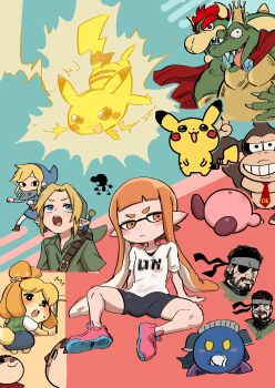 Rule 34 | 2girls, absurdres, big boss, bowser, closed mouth, donkey kong, donkey kong (series), donkey kong country, game &amp; watch, gen 1 pokemon, highres, inkling girl, inkling player character, isabelle (animal crossing), king k. rool, kirby, kirby (series), link, looking at viewer, mario (series), meta knight, metal gear (series), metal gear solid 3: snake eater, mr. game &amp; watch, multiple boys, multiple girls, nintendo, open mouth, pikachu, pokemon, pokemon (creature), shiromanta, smile, splatoon (series), splatoon 1, super smash bros., the legend of zelda, the legend of zelda: the wind waker, toon link, villager (animal crossing), young link