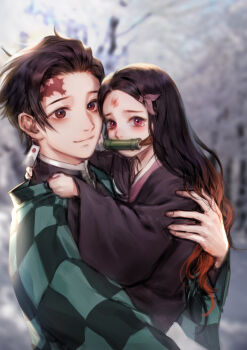 1boy 1girl absurdres bamboo belt bit_gag black_hair blood blood_on_face blurry blurry_background brother_and_sister bruise bruise_on_face carrying checkered_clothes child child_carry clothes_grab commentary demon_slayer_uniform earrings english_commentary forest gag gagged hair_ribbon haori highres hurt injury japanese_clothes jewelry kamado_nezuko kamado_tanjirou kimetsu_no_yaiba kimono long_hair long_sleeves looking_afar mouth_hold multicolored_hair nature orange_hair pink_kimono pink_ribbon red_eyes ribbon ryeowon_kwon scar scar_on_face scar_on_forehead short_hair siblings streaked_hair tearing_up two-tone_hair upper_body wide_sleeves