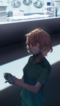 freckles gloves glowing glowing_eyes highres hospital humanization ivy_the_wolfcat latex latex_gloves mask medical_scrubs mouth_mask operating_table original removing_glove surgical_light surgical_mask table zy_(zyyyyyyy9)
