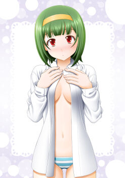 1girl :&lt; blush breasts cleavage female_focus green_hair hairband idolmaster idolmaster_(classic) navel no_pants open_clothes open_shirt otonashi_kotori panties red_eyes shirt short_hair sin-go solo striped_clothes striped_panties underwear white_background