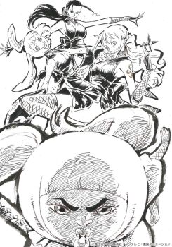 4girls animal_ears arm_tattoo blush_stickers carrot_(one_piece) commentary eyelashes greyscale highres japanese_clothes kimono looking_at_viewer monochrome multiple_girls nami_(one_piece) nico_robin ninja one_piece ponytail rabbit_ears rabbit_girl sash shinobu_(one_piece) sidelocks sleeveless smile tattoo thighhighs traditional_media twintails umakoshi_yoshihiko