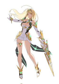 1girl bare_shoulders blonde_hair breasts chest_jewel cleavage core_crystal_(xenoblade) dress gloves hehe_jun highres holding holding_sword holding_weapon large_breasts microdress mythra_(xenoblade) simple_background solo sword tiara weapon white_background white_dress white_gloves xenoblade_chronicles_(series) xenoblade_chronicles_2 yellow_eyes