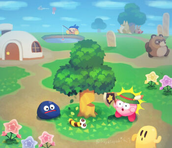 :o animal_crossing artist_name axe balloon bandana bandana_waddle_dee black_eyes blue_bandana blue_sky blush blush_stickers box capiller_(kirby) cappy_(kirby) chimney closed_eyes cloud commentary_request con_(kirby) day door feathers fishing fishing_rod flower frown gift gift_box gooey_(kirby) grass green_headwear hat hat_feather holding holding_axe holding_fishing_rod house kirby kirby&#039;s_house kirby_(series) looking_at_another nintendo no_humans on_ground open_mouth outdoors path pink_flower polof pon_(kirby) pond purple_flower road scenery sitting sky solid_oval_eyes star_(symbol) surprised suyasuyabi tree twitter_username ufo ufo_(kirby) walking water wide-eyed window yellow_flower