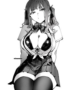 arm_behind_back bow bowtie bra breasts cevio cleavage collared_shirt commentary dated_commentary front-tie_bra greyscale halftone highres large_breasts mole mole_under_eye monochrome natsuki_karin otimusyairoha partially_unbuttoned pleated_skirt shirt shirt_tucked_in short_sleeves sideways_glance skirt suspender_skirt suspenders synthesizer_v thighhighs twintails twitter_username underwear zettai_ryouiki