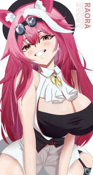 1girl absurdres animal_ears beret black_hat black_shirt breasts cat_ears cat_girl character_name cleavage closed_mouth goggles goggles_on_head hat highres hololive hololive_english large_breasts looking_at_viewer multicolored_hair pink_hair raora_panthera raora_panthera_(1st_costume) shirt shorts single_hair_intake smile solo soru_(soruu) vest virtual_youtuber white_hair white_shorts white_vest yellow_eyes