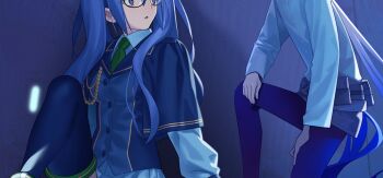 Rule 34 | 1boy, 1girl, aiguillette, astg, atlas academy uniform, blue hair, capelet, captain nemo (fate), collared shirt, debris, fate/grand order, fate (series), full body, game cg, glasses, gradient hair, hat, jacket, knee up, large variant set, long hair, long sleeves, multicolored hair, necktie, nemo (fate), official art, on one knee, open mouth, pantyhose, purple eyes, shirt, shoes, shorts, sion eltnam (type-moon), sion eltnam sokaris, sitting, skirt, spoilers, takeuchi takashi, tearing up, thighhighs, third-party source, twintails, variant set, very long hair