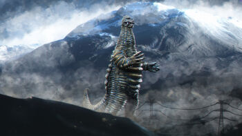 1boy absurdres adversarial_noise blurry blurry_foreground chromatic_aberration claws cloud colored_skin commentary_request day fangs fog giant giant_monster grey_skin highres kaiju love894anon mixed-language_commentary mountain no_humans nostrils outdoors photo_background power_lines red_king_(ultra_series) scales sharp_teeth sky snow solo spines standing tail teeth tokusatsu tsuburaya_productions ultra_series ultraman_(1st_series) utility_pole