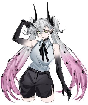 1girl absurdres black_hands black_shorts black_thighhighs body_markings breasts chainsaw_man choker collared_shirt colored_extremities commentary cosplay crossed_bangs demon_girl demon_horns ear_piercing english_commentary fate/grand_order fate_(series) green_eyes grey_hair hair_between_eyes highres horns large_breasts lilith_(fate) lilith_(second_ascension)_(fate) long_hair looking_at_viewer neck_ribbon piercing pointy_ears reze_(chainsaw_man) reze_(chainsaw_man)_(cosplay) ribbon shirt shorts sleeveless sleeveless_shirt smile solo thighhighs thighs twintails very_long_hair white_shirt yazu_(zoddiacz)