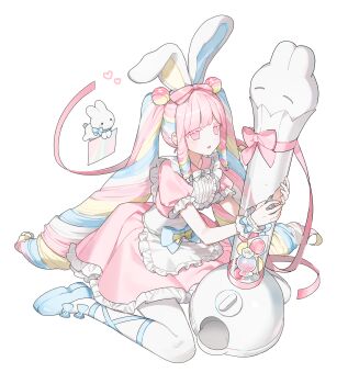 1girl absurdres animal_ear_hairband animal_ears apron blonde_hair blue_bow blue_hair blue_ribbon blue_shoes blunt_bangs bow bowtie candy candy_dispenser collar colored_eyelashes commentary curly_sidelocks double-parted_bangs dress english_commentary fake_animal_ears food food-themed_hair_ornament footwear_bow footwear_ribbon frilled_apron frilled_collar frilled_dress frilled_sleeves frills full_body hair_bow hair_ornament hairband heart heart-shaped_pupils highres lollipop long_hair long_sidelocks looking_at_object multicolored_hair nanagom original oversized_object pantyhose parted_lips pastel_colors pink_bow pink_dress pink_eyes pink_hair pink_ribbon puffy_short_sleeves puffy_sleeves rabbit rabbit_ear_hairband rabbit_ears ribbon ringlets shoes short_sleeves sidelocks simple_background sitting solo symbol-shaped_pupils twintails very_long_hair waist_apron wariza white_apron white_background white_bow white_bowtie white_hair white_pantyhose white_rabbit_(animal) yellow_bow