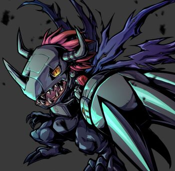 Rule 34 | black wings, claws, cyborg, digimon, digimon (creature), dinosaur, grey background, helmet, highres, horns, mechanical arms, metalgreymon (virus), red hair, ridgeone, sharp teeth, short hair, simple background, single mechanical arm, slit pupils, solo, teeth, torn wings, wings, yellow eyes