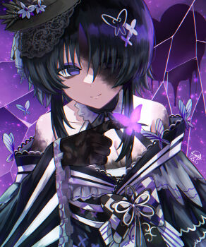 1girl absurdres bare_shoulders black_hair black_hands black_hat black_kimono bug butterfly butterfly_hair_ornament butterfly_on_hand chinese_commentary claws closed_mouth colored_extremities commentary_request flower glowing hair_ornament hand_up hat hat_flower highres housho_margo insect japanese_clothes kimono lolita_fashion long_sleeves looking_at_viewer magical_girl mahou_shoujo_no_majo_saiban mini_hat mini_top_hat mutsuki_(mutsuki0110) parted_bangs purple_background purple_butterfly purple_eyes short_hair smile solo top_hat upper_body wa_lolita witch_(manosaba)