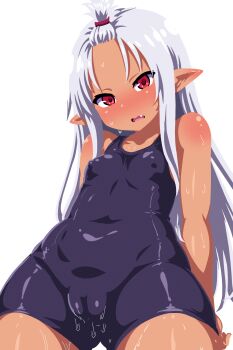 1girl absurdres_(user_unwe3823) arms_behind_back blue_one-piece_swimsuit breasts cameltoe commentary covered_erect_nipples dark-skinned_female dark_skin fang forehead highres loli one-piece_swimsuit open_clothes open_mouth original pointy_ears red_eyes simple_background small_breasts solo standing swimsuit wet white_background white_hair