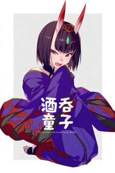 1girl bare_shoulders blush breasts echo_(circa) eyeliner fate/grand_order fate_(series) headpiece horns japanese_clothes kimono long_sleeves looking_at_viewer makeup off_shoulder oni open_mouth purple_eyes purple_hair purple_kimono short_hair shuten_douji_(fate) sitting skin-covered_horns small_breasts smile solo translation_request wide_sleeves