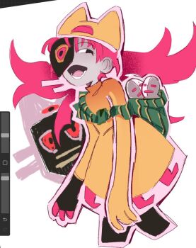 1girl animal_hat art_program_in_frame black_eyes cat_hat colored_skin commentary cropped_legs dress ena:_dream_bbq ena_(series) english_commentary grey_skin hat highres lower_teeth_only open_mouth outline pink_claws pink_hair pink_outline rronikaveterr screencap taski_maiden_(ena) teeth yellow_dress yellow_hat