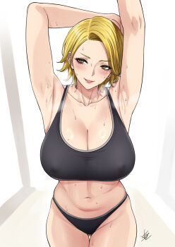 1girl armpits black_bra black_panties blonde_hair blush bra breasts cleavage collarbone female_focus groin highres large_breasts looking_at_viewer matching_hair/eyes mature_female navel panties parted_lips sazanami_kuina short_hair signature smile solo sports_bra sweat thighs tougen_anki underwear underwear_only xter yellow_eyes