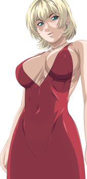 1girl bible_black bible_black_new_testament blonde_hair breasts cleavage curvy dress earrings highres jewelry jody_crowley large_breasts lips looking_at_viewer necklace no_bra plunging_neckline red_dress shin_bible_black shiny_skin short_hair wide_hips witch