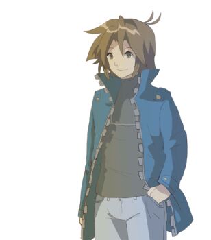 1boy 1girl ahoge animated animated_gif black_shirt blue_jacket blush bouncing_breasts breast_expansion breasts brown_eyes brown_hair covered_erect_nipples drooling ego_trigger genderswap genderswap_(mtf) gigantic_breasts graph_(graphiteknight) jacket lass_(ego_trigger) matt_(ego_trigger) midriff original saliva shirt underboob white_background