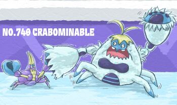 Rule 34 | arm up, character name, closed eyes, commentary request, crabominable, crabrawler, evolutionary line, gama3taro, gen 7 pokemon, motion lines, nintendo, no humans, open mouth, pokedex number, pokemon, pokemon (creature), pokemon focus, sweatdrop, trembling