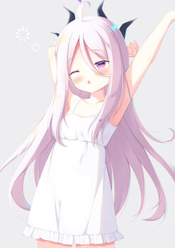 1girl ;o absurdres ahoge alternate_costume armpits arms_up bare_arms bare_shoulders blue_archive blush collarbone commentary_request demon_horns dress frilled_dress frills grey_background hair_between_eyes highres hina_(blue_archive) horns long_hair one_eye_closed pajamas parted_bangs parted_lips purple_eyes shiraame simple_background sleeveless sleeveless_dress solo stretching very_long_hair white_dress white_hair
