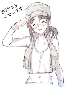 Rule 34 | blush, brown hair, closed eyes, commentary, crop top, field cap, fio germi, glasses, hat, madsensei, metal slug, military, ponytail, round eyewear, salute, smile, symbol-only commentary, white background