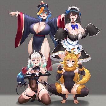 4girls ;d absurdres ahoge alternate_costume alternate_form animal_ears apron armpits bare_shoulders barefoot black_choker black_hair black_leotard black_nails black_sleeves blonde_hair blue_eyes blue_hair blunt_bangs blush bodystocking breasts bridal_legwear brown_thighhighs cameltoe chinese_clothes choker cipher4109 claw_pose cleavage collarbone colored_inner_hair commentary covered_navel demon_girl demon_horns demon_tail demon_wings detached_sleeves dokibird dress elbow_gloves english_commentary extra_ears fangs feet fingerless_gloves fingernails four-finger_heart_hands frills full_body fur_scarf fur_sleeves fur_trim ghost_girl ghost_tail gloves gluteal_fold gradient_hair green_eyes green_hair grey_background grey_hair hair_intakes halloween halloween_costume happy_halloween hat hat_ornament heart heart_hands heart_o-ring high_heels highres hololive hololive_english horns huge_breasts indie_virtual_youtuber jiangshi jiangshi_costume kneeling lace-trimmed_sleeves lace_trim large_breasts leotard long_fingernails long_hair long_sleeves long_toenails looking_at_viewer low_wings maid maid_apron maid_headdress medium_breasts medium_hair mint_fantome mole mole_under_eye multicolored_hair multiple_girls nail_polish nerissa_ravencroft no_shoes o-ring o-ring_choker o-ring_thigh_strap ofuda one_eye_closed open_mouth ouro_kronii outstretched_arms pointy_ears purple_hat qingdai_guanmao red_eyes revealing_clothes sharp_fingernails simple_background skindentation small_breasts smile solo streaked_hair tail talisman tangzhuang thigh_strap thighhighs thighs tiptoes toeless_legwear toenail_polish toenails toes tongue tongue_out twintails two-tone_hair very_long_hair virtual_youtuber werewolf_costume white_apron white_hair wings wolf_ears zombie_pose