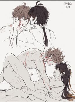 2boys alternate_hairstyle blood caressing_cheek caressing_hair erection fimbulapidis genshin_impact greyscale highres leg_lock legs_around_partner&#039;s_hips long_hair missionary monochrome multiple_boys sex simple_background spot_color tartaglia_(genshin_impact) vampire white_background yaoi zhongli_(genshin_impact)