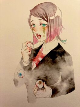 1boy asymmetrical_bangs black_jacket blood blood_from_mouth blood_on_clothes blood_on_hands blush colored_tips commentary_request cropped_torso demon_boy eating enmu_(kimetsu_no_yaiba) eyeball facial_mark fangs green_eyes guro hands_up hatomiya_1 holding holding_eyeball jacket kimetsu_no_yaiba long_sleeves looking_ahead male_focus medium_hair multicolored_hair open_mouth simple_background solo suit_jacket symbol-shaped_pupils tears_facial_mark teeth traditional_media trap undershirt wing_collar yellow_background