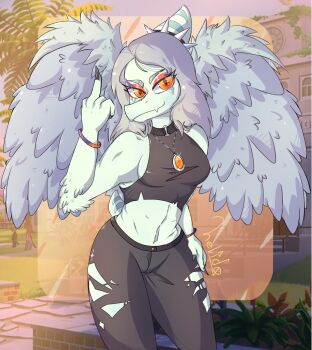 1girl bare_shoulders breasts choker claws colored_skin crop_top dinosaur fang_(goodbye_volcano_high) feathered_wings furry goodbye_volcano_high helido24 highres jewelry reptile_girl self-upload sideboob small_breasts smile white_hair wings