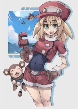 1girl :3 ando606mph belt blonde_hair breasts closed_eyes gloves hand_on_own_hip hat highres medium_breasts mega_man_(series) mega_man_legends_(series) monkey navel open_mouth robot roll_caskett_(mega_man) sharp_teeth ship shorts smile spiked_hair teeth toll upper_teeth_only watercraft wrench