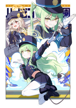 3girls absurdres aoba_(blue_archive) armband bag black_tail blonde_hair blue_archive blue_armband blue_boots blue_jacket blue_skirt blush boots border breasts brown_gloves buttoned_cuffs buttons chinese_commentary cloud collared_shirt commentary_request demon_girl demon_tail double-breasted earrings gloves green_hair green_halo grin hair_between_eyes halftone halo hand_up hat highres hikari_(blue_archive) holding holding_bag jacket jewelry long_hair long_sidelocks long_sleeves looking_at_viewer looking_to_the_side making-of_available midriff miniskirt multiple_girls newsboy_cap nozomi_(blue_archive) open_mouth outside_border outstretched_arm pantyhose parted_lips pleated_skirt pointing pointing_up pointy_ears red_eyes shirt short_eyebrows siblings sidelocks sisters skirt sleeves_past_wrists small_breasts smile sweatdrop szi_f tail twins twintails wavy_mouth white_border white_gloves white_pantyhose yellow_armband yellow_eyes yellow_halo