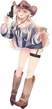 1girl alternate_costume bad_link blonde_hair blue_eyes boots box cowboy_boots cowboy_hat cutoffs denim denim_shorts full_body grey_shorts gun handgun hat iowa_(kancolle) iowa_(setsubun)_(kancolle) kantai_collection leaning_forward long_hair masu official_art one_eye_closed revolver setsubun shirt shizuma_yoshinori shorts solo star-shaped_pupils star_(symbol) striped_clothes striped_shirt symbol-shaped_pupils thigh_strap transparent_background weapon