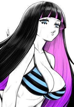 1girl absurdres bikini black_hair blue_eyes blunt_bangs breasts cleavage collarbone colored_inner_hair highres large_breasts long_hair looking_at_viewer lughost multicolored_hair panty_&amp;_stocking_with_garterbelt pink_hair signature simple_background solo stocking_(psg) striped_bikini striped_clothes swimsuit two-tone_hair upper_body vertical-striped_bikini vertical-striped_clothes very_long_hair white_background