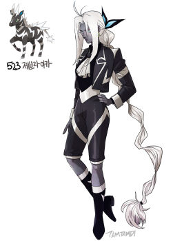 1girl artist_name black_shoes blue_eyes boots colored_skin earrings gen_5_pokemon grey_skin highres jewelry long_hair nintendo personification pokemon pokemon_(creature) ponytail shoes simple_background socks solo standing tamtamdi very_long_hair white_background white_hair zebstrika