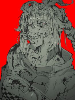 1girl absurdres antennae arthropod_girl black_sclera blood blood_on_clothes blood_on_face breasts cleavage colored_sclera commentary english_commentary evil_smile glowing glowing_eyes grape_(grape05843924) green_eyes highres indie_virtual_youtuber insect_girl juniper_actias juniper_actias_(racing_queen) monster_girl moth_antennae moth_girl moth_hair_ornament pointy_ears red_background sharp_teeth smile teeth virtual_youtuber