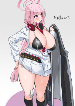 1girl ammunition bikini black_bikini black_coat blue_archive blush breast_zipper coat commentary_request eimi_(blue_archive) halo headphones headphones_around_neck highres long_hair long_sleeves looking_to_the_side necktie parted_lips partially_unbuttoned pink_hair pink_halo pleated_skirt purple_eyes red_necktie shirt shotgun_shell skirt solo swimsuit thighs unworn_coat white_shirt white_skirt yuuichi_(reductionblack) zipper_bikini