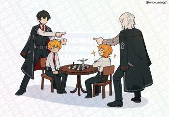 2boys 2girls belt black_belt black_coat black_footwear black_hair black_pants blonde_hair board_game chess chess_piece chessboard closed_eyes closed_mouth coat coat_on_shoulders collared_shirt don_quixote_(project_moon) faust_(project_moon) grey_sweater highres index_finger_raised lemon_mango1 limbus_company long_sleeves multiple_boys multiple_girls pants pawn_(chess) pointing pointing_at_another project_moon ribbed_sweater shirt shoes sinclair_(project_moon) smile source_request sweat sweatdrop sweater third-party_source twitter_username white_shirt yi_sang_(project_moon) you're_doing_it_wrong