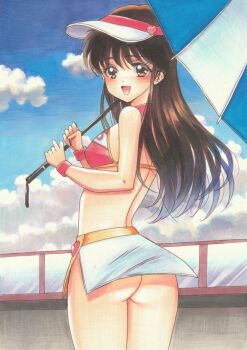 1girl 1990s_(style) absurdres ass bare_shoulders blue_sky blush brown_eyes brown_hair clothes_writing cloud crop_top from_behind future_gpx_cyber_formula halterneck high_collar highres holding holding_umbrella long_hair looking_at_viewer looking_back microskirt midriff miniskirt no_panties open_mouth race_queen racetrack skirt sky smile sugou_asuka tomoeri traditional_media umbrella