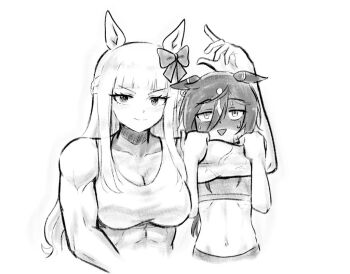 >:) 2girls abs animal_ears arm_up biceps blackuma blunt_bangs blush bow braid breasts cleavage closed_mouth cropped_arm cropped_torso ear_bow ear_covers ears_down flat_chest flexing greyscale hand_up height_difference horse_ears large_breasts lifting_person long_hair monochrome multiple_girls navel open_mouth partially_shaded_face personification point_flag_(racehorse) real_life ribs smile sports_bra stay_gold_(umamusume) stomach straight-on sweat toned toned_female umamusume upper_body v-shaped_eyebrows veins veiny_arms