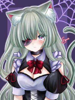 1girl animal_ear_fluff animal_ears black_choker black_dress bow bowtie breasts cat_ears cat_tail choker cleavage closed_mouth clothing_cutout commentary_request dress eyepatch grey_eyes grey_hair highres kemonomimi_mode long_hair looking_at_viewer medium_breasts phrolova_(wuthering_waves) red_bow red_bowtie seno_(snllian) shoulder_cutout signature solo tail upper_body wuthering_waves