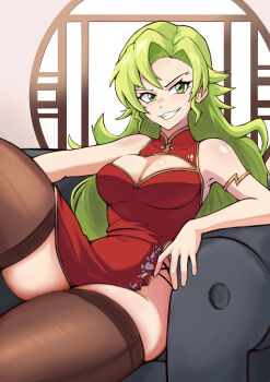 1girl bare_shoulders black_thighhighs bleach bleach:_brave_souls breasts candice_catnipp chinese_clothes cleavage cleavage_cutout clothing_cutout couch female_focus green_eyes green_hair grin gustaflowart highres indoors leg_up long_hair medium_breasts quincy_(bleach) shiny_skin sitting smile sternritter teeth thighhighs thighs