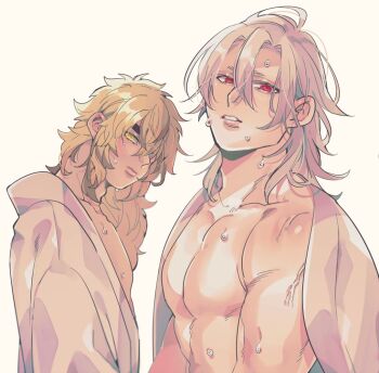 2boys aftersex bare_chest blonde_hair hair_down kimetsu_no_yaiba kyu_717 long_hair looking_at_viewer male_focus multiple_boys muscular muscular_male open_clothes red_eyes rengoku_kyoujurou sweat upper_body uzui_tengen veins white_hair yaoi yellow_eyes