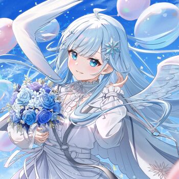 Rule 34 | 1girl, ahoge, balloon, blue eyes, blue flower, blue hair, blue rose, blue sky, bouquet, center frills, commentary request, confetti, dress, feathered wings, flower, frilled dress, frills, hair ornament, highres, holding, holding bouquet, neck ribbon, nijisanji, ribbon, rose, sky, sleeves past wrists, snowflake hair ornament, snowflakes, solo, toki (toki ship8), virtual youtuber, white dress, white flower, white ribbon, white wings, wings, yukishiro mahiro, yukishiro mahiro (5th costume)