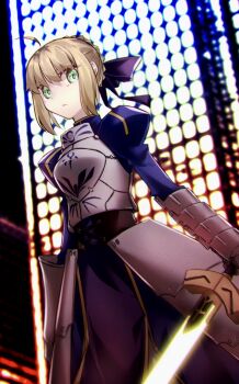 1girl ahoge armor armored_dress artoria_pendragon_(fate) blonde_hair blue_dress blue_ribbon braid breastplate breasts commentary_request dress excalibur_(fate/stay_night) fate/stay_night fate_(series) faulds gauntlets green_eyes hair_bun hair_ribbon highres juliet_sleeves long_hair long_sleeves looking_at_viewer medium_breasts puffy_sleeves ribbon saber_(fate) sidelocks solo sword weapon yubeshi_(zecxl)