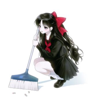 Rule 34 | 1girl, black hair, black serafuku, black shirt, black shoes, black skirt, blush, broom, cigarette butt, hair ribbon, highres, holding, holding broom, loafers, loose socks, neckerchief, original, purple eyes, red neckerchief, red ribbon, ribbon, school uniform, serafuku, shirt, shoes, skirt, smile, so seo, socks, solo, squatting, white background, white socks